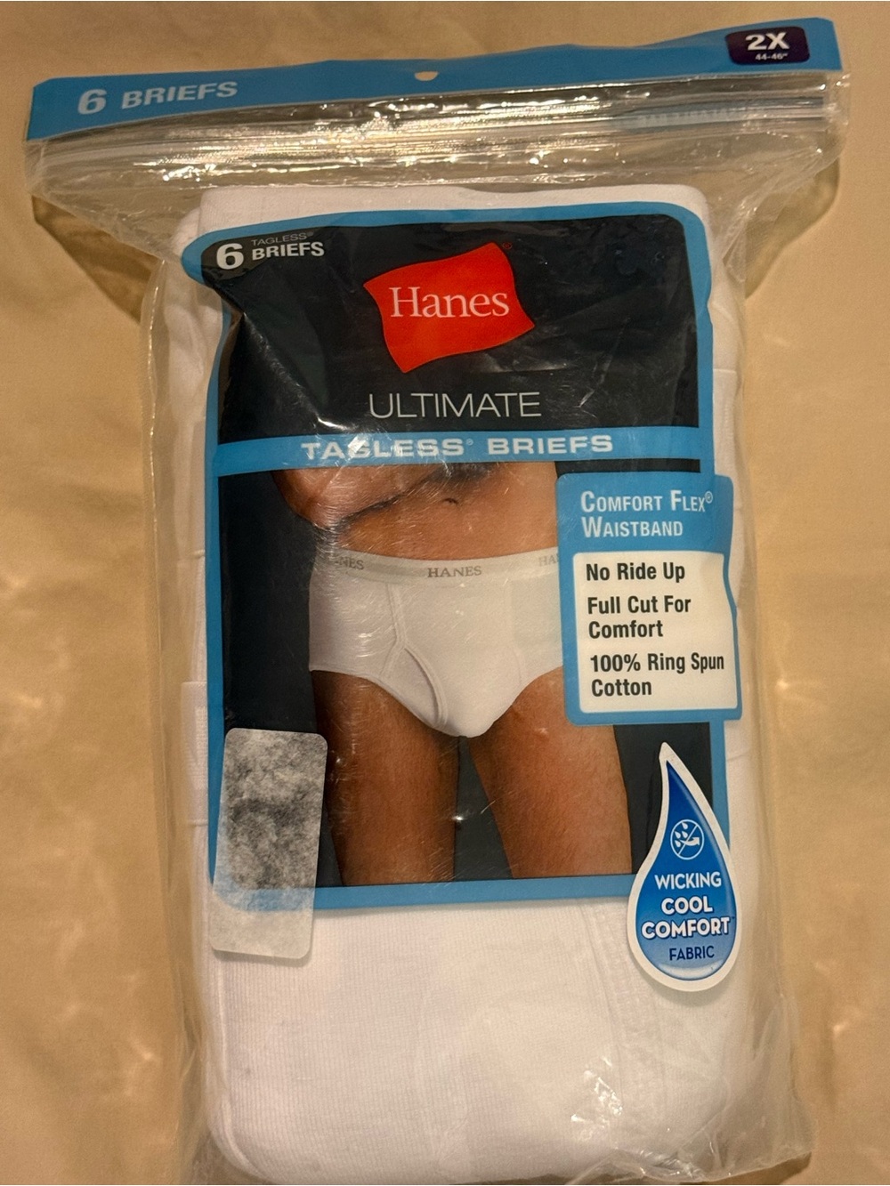 Size 2X Hanes White Men's Ultimate Tagless Briefs Pack of 6 ring Spun Cotton